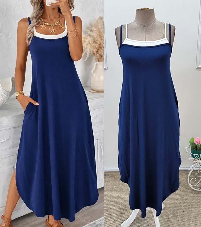 Mamo Lacivert Uzun Askılı Cepli Elbise - Mamo kadın butik elbise