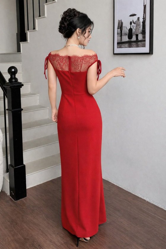 Mamo Kırmızı Uzun Dantel Detaylı Krep Elbise - Mamo kadın butik elbise