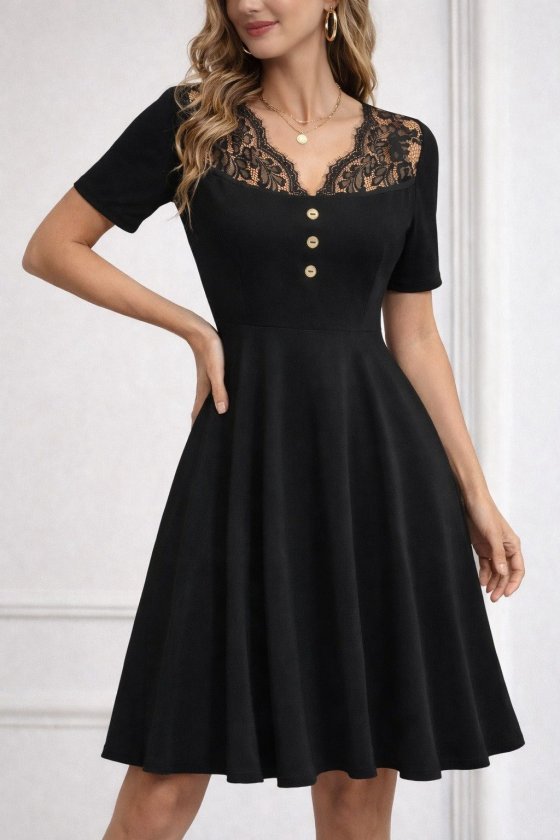 Mamo Siyah Mini V Yaka Dantel Detaylı Elbise - Mamo kadın butik elbise
