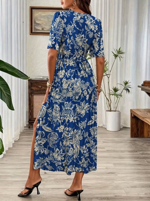 Mamo Mavi Mini V Yaka Yırtmaç Detaylı Elbise - Mamo kadın butik elbise
