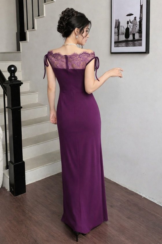 Mamo Mürdüm Uzun Dantel Detaylı Krep Elbise - Mamo kadın butik elbise