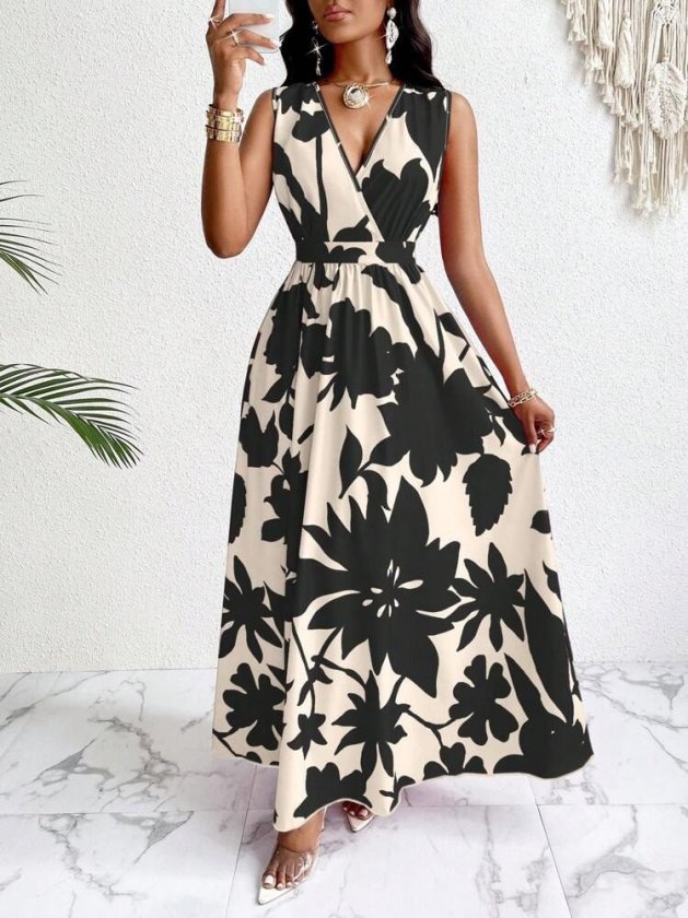 Mamo Bej Uzun Askılı Kruvaze Elbise - Mamo kadın butik elbise