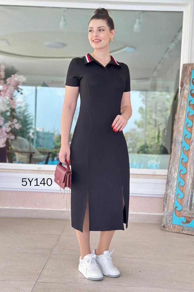 Mamo Siyah Yırtmaç Detaylı Elbise - Mamo kadın butik elbise