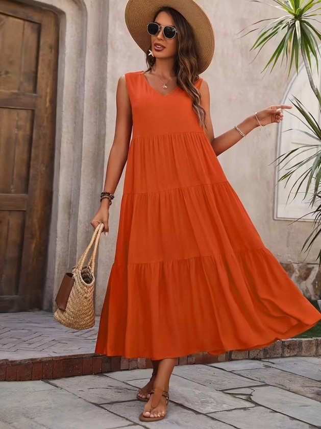 Mamo Turuncu Uzun Askılı V Yaka Elbise - Mamo kadın butik elbise