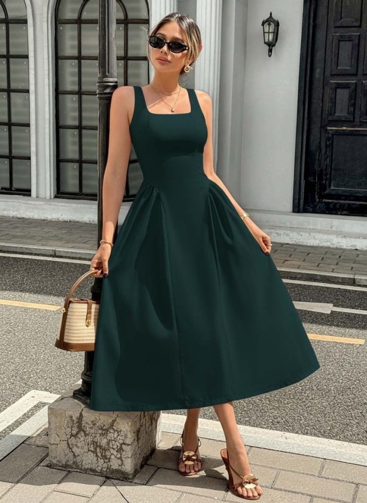 Mamo Yeşil Uzun Askılı Kare Yaka Elbise - Mamo kadın butik elbise
