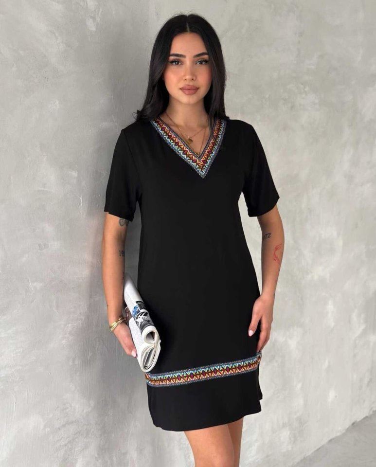 Mamo Siyah Mini V Yaka Desenli Elbise - Mamo kadın butik elbise
