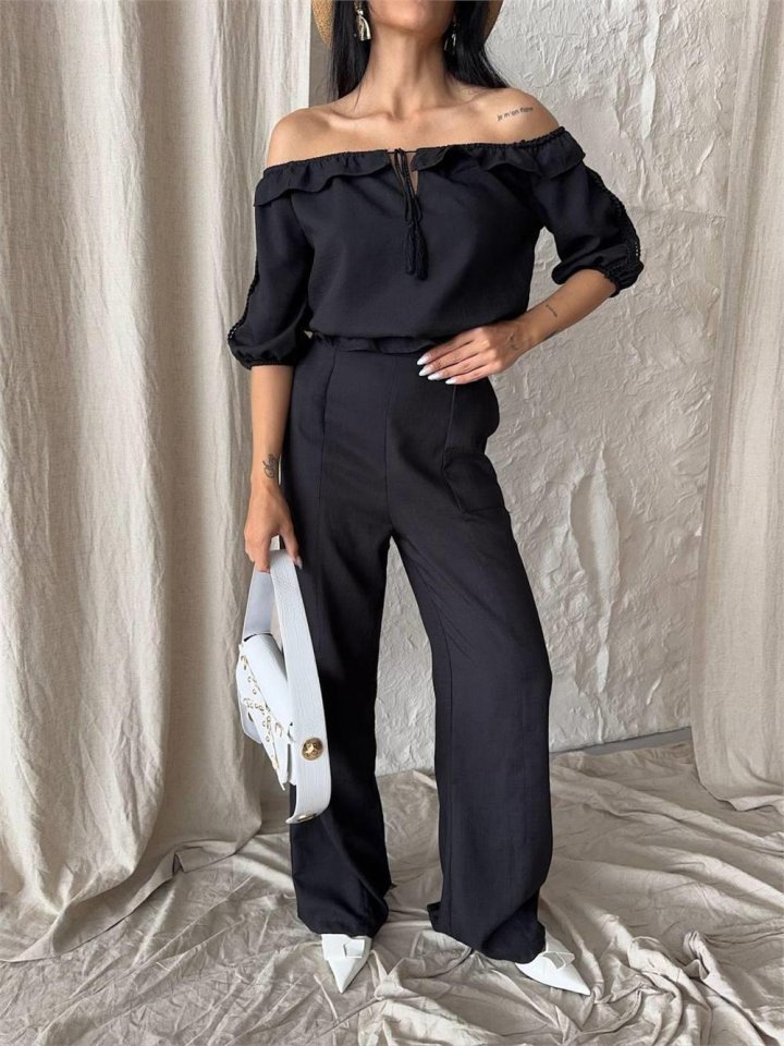 Mamo Siyah Keten Takım - Mamo kadın butik takım