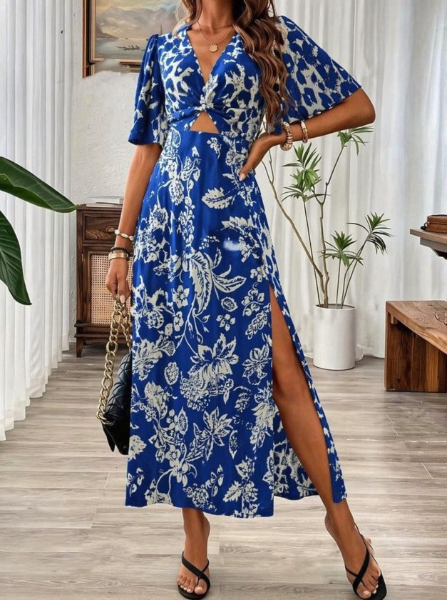Mamo Mavi Mini V Yaka Yırtmaç Detaylı Elbise - Mamo kadın butik elbise