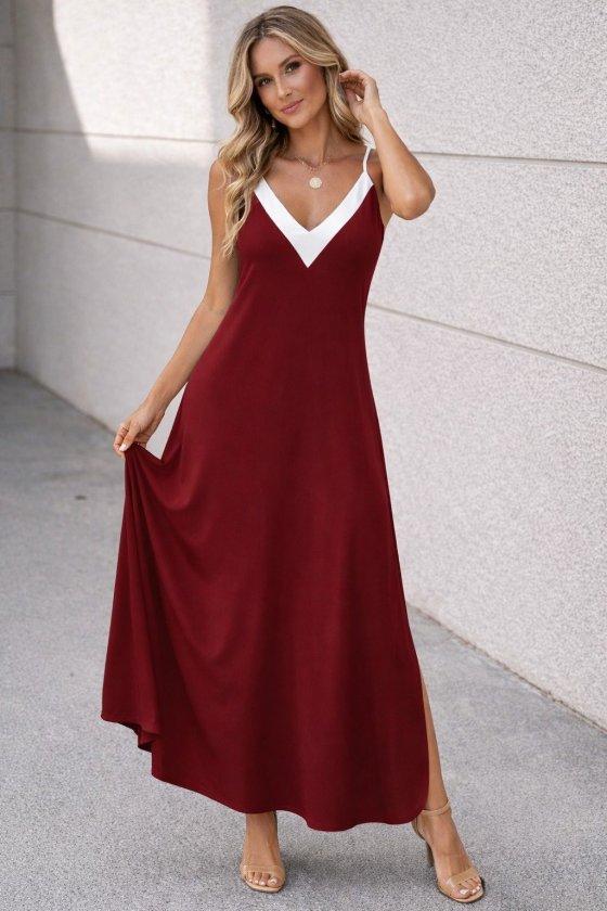 Mamo Bordo Uzun Askılı V Yaka Elbise - Mamo kadın butik elbise