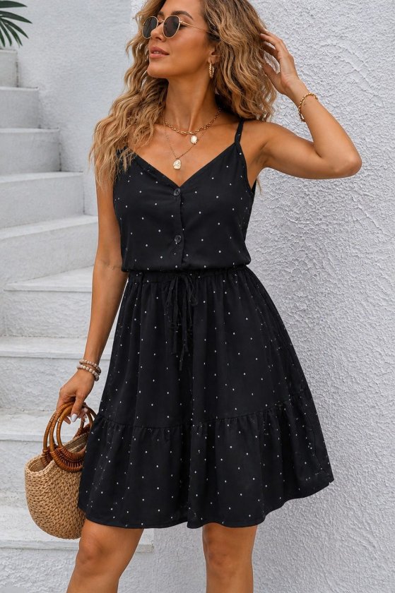Mamo Siyah Mini Askılı V Yaka Elbise - Mamo kadın butik elbise
