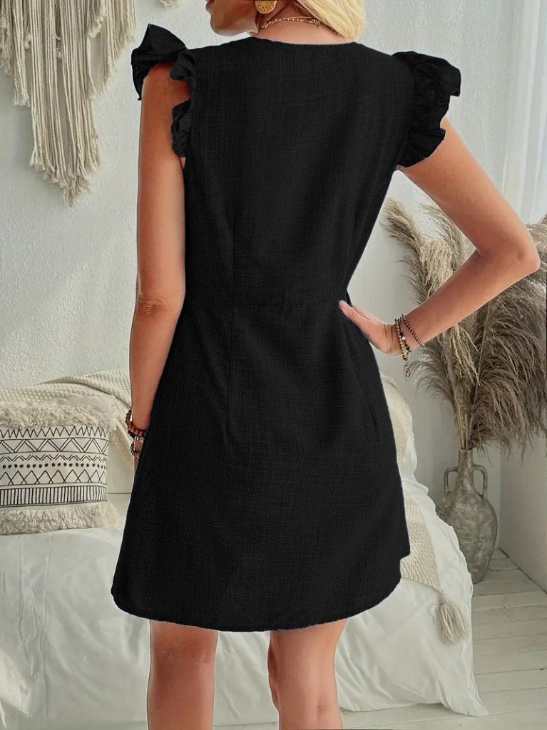 Mamo Mavi V Yaka Fırfır Detaylı Keten Elbise - Mamo kadın butik elbise