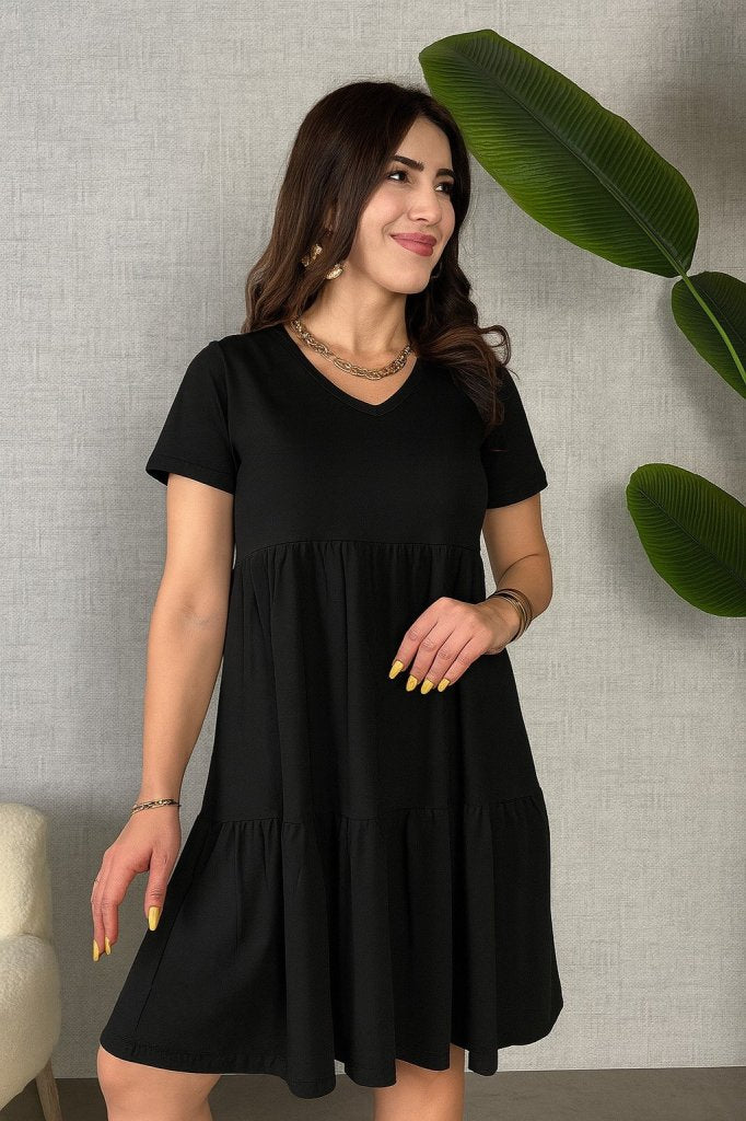 Mamo Siyah Mini V Yaka Viskon Elbise - Mamo kadın butik elbise