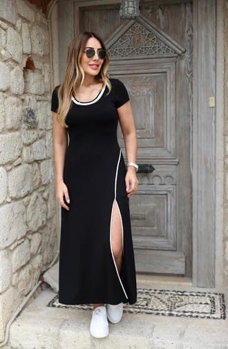 Mamo Siyah Yırtmaç Detaylı Viskon Elbise - Mamo kadın butik elbise
