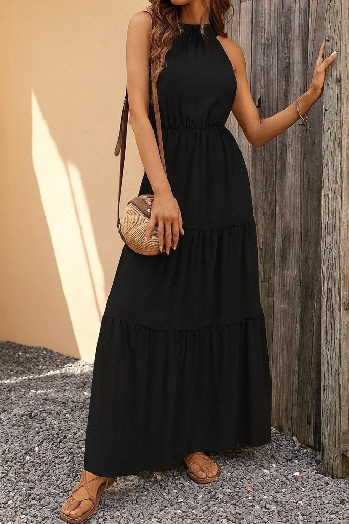 Mamo Siyah Halter Yaka Desenli Elbise - Mamo kadın butik elbise