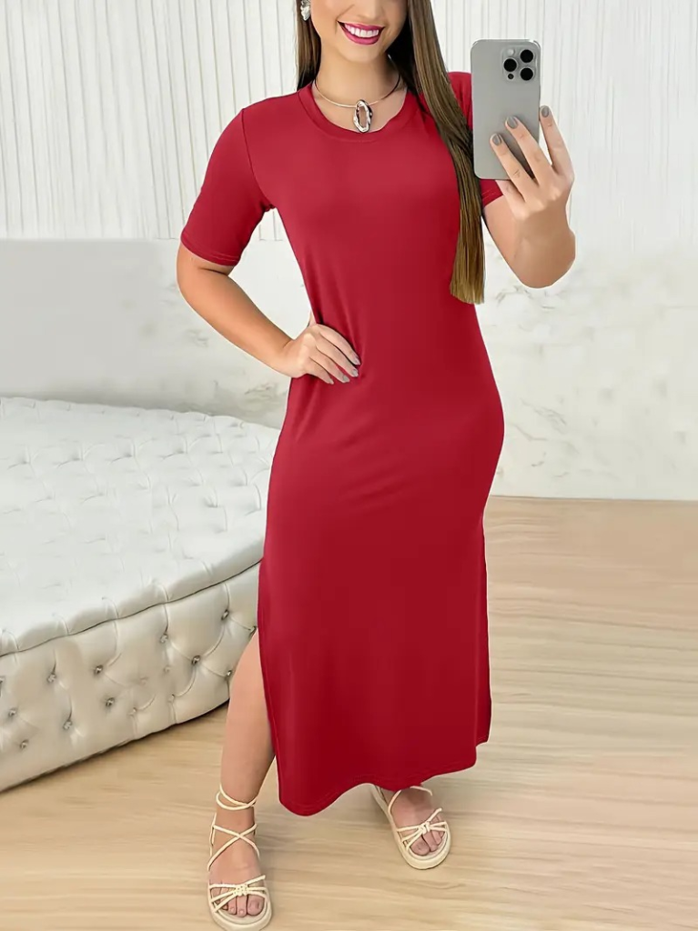Mamo Kırmızı Yırtmaç Detaylı Elbise - Mamo kadın butik elbise