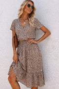 Mamo Leopar Mini V Yaka Desenli Elbise - Mamo kadın butik elbise