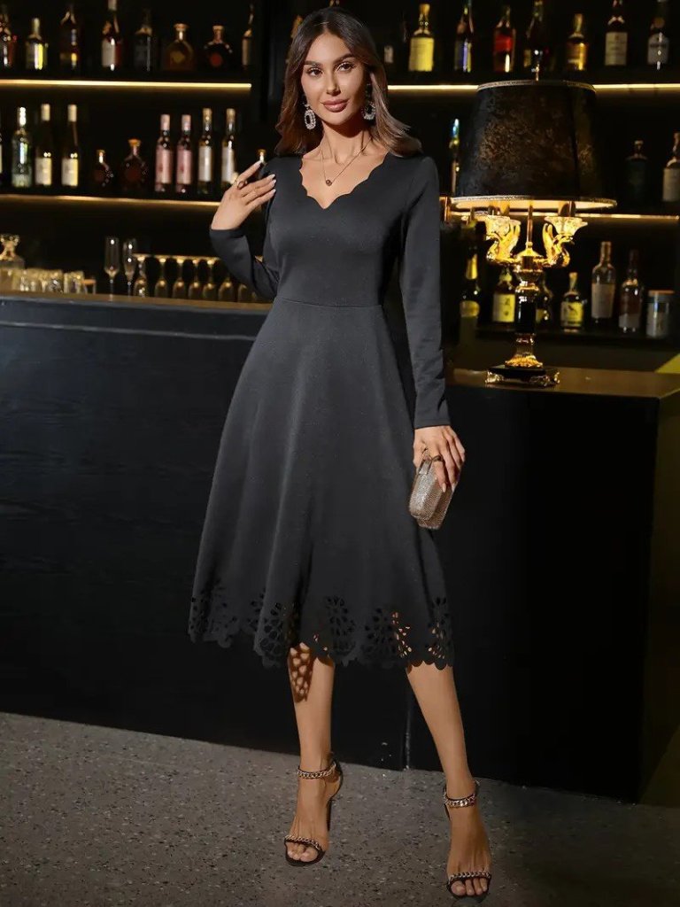 Mamo Siyah Midi V Yaka Krep Elbise - Mamo kadın butik elbise