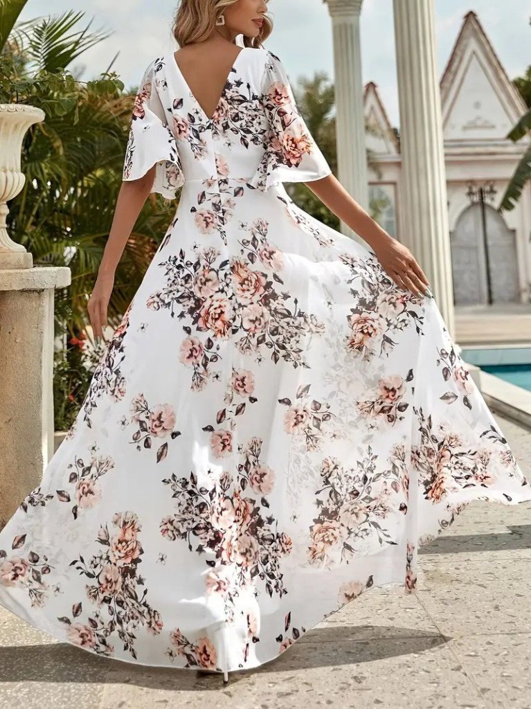 Mamo Beyaz Mini V Yaka Desenli Elbise - Mamo kadın butik elbise