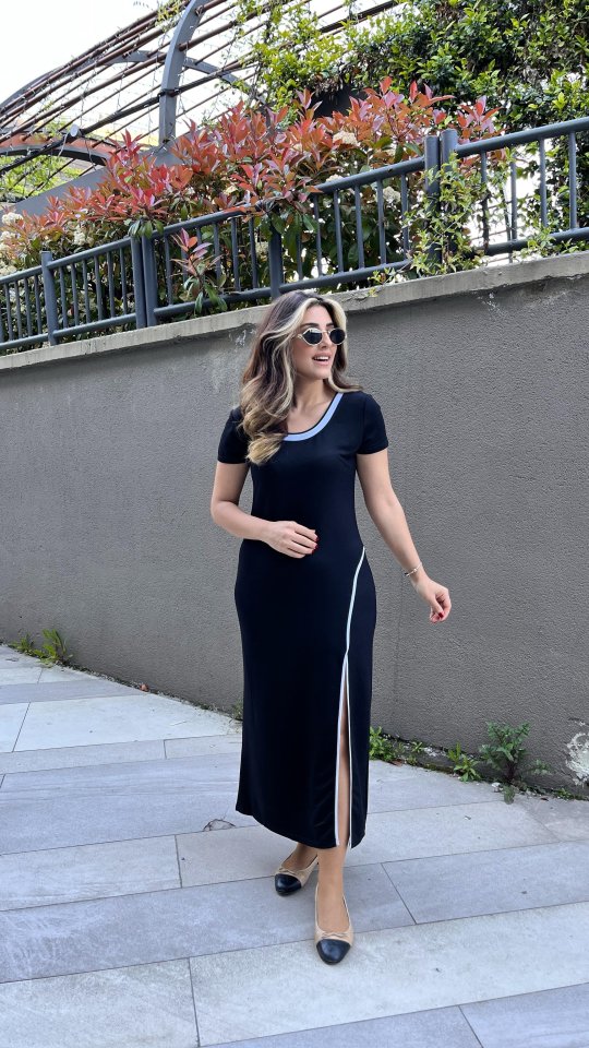 Mamo Siyah Yırtmaç Detaylı Viskon Elbise - Mamo kadın butik elbise
