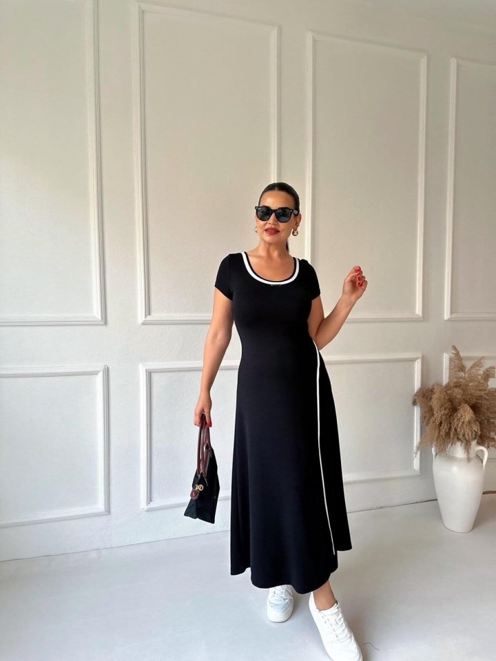 Mamo Siyah Yırtmaç Detaylı Viskon Elbise - Mamo kadın butik elbise