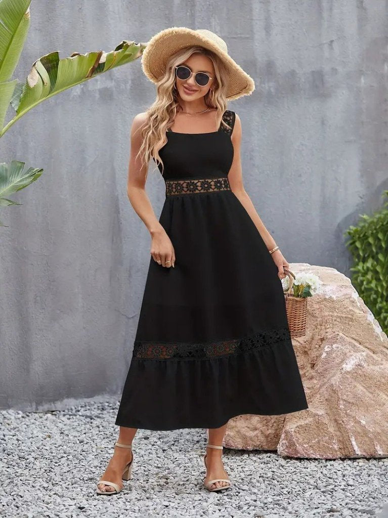 Mamo Siyah Askılı Dantel Detaylı Krep Elbise - Mamo kadın butik elbise