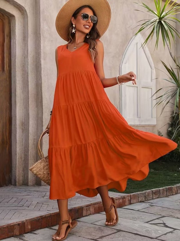 Mamo Turuncu Uzun Askılı V Yaka Elbise - Mamo kadın butik elbise