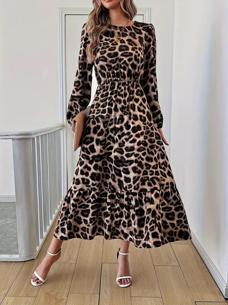 Mamo Leopar Midi Desenli Elbise - Mamo kadın butik elbise