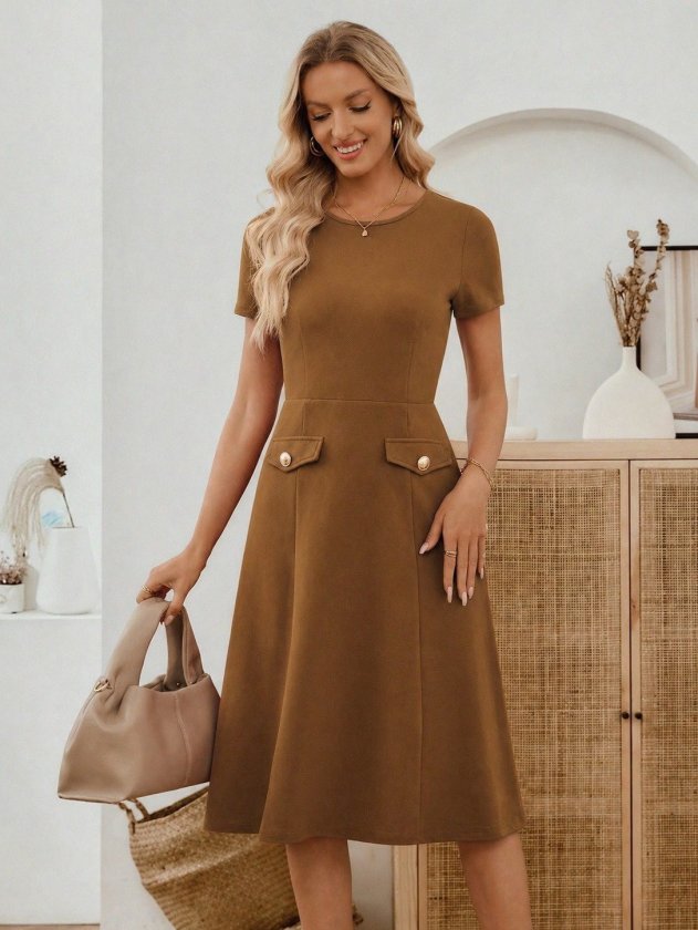 Mamo Kahve Mini Cepli Krep Elbise - Mamo kadın butik elbise
