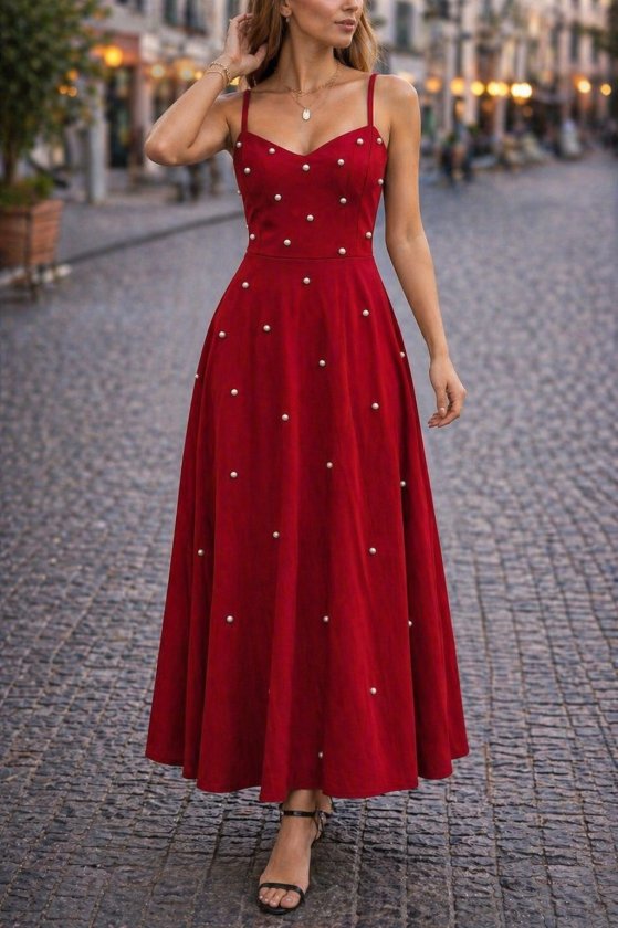 Mamo Kırmızı Uzun Askılı V Yaka Elbise - Mamo kadın butik elbise