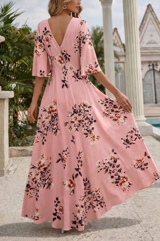 Mamo Pembe Mini V Yaka Desenli Elbise - Mamo kadın butik elbise