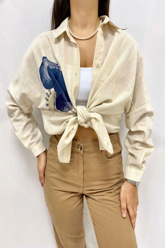 Mamo Bej Keten Bluz - Mamo kadın butik bluz