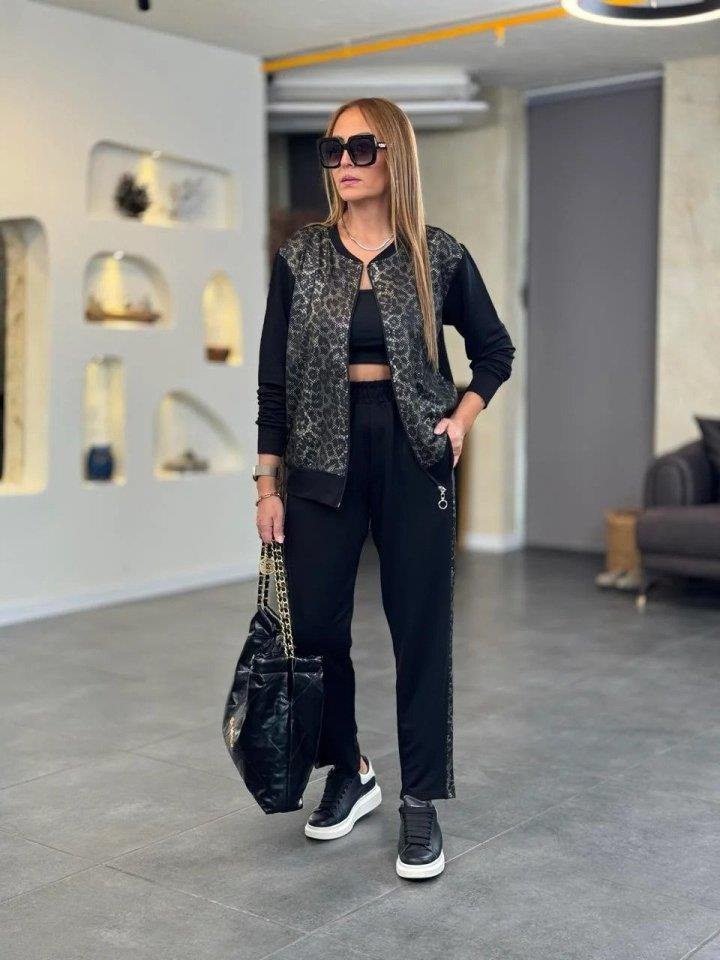 Mamo Siyah Leopar Desenli Viskon Takım - Mamo kadın butik takım