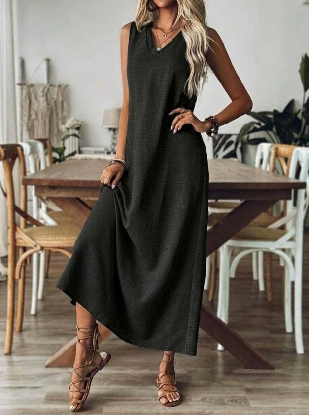 Mamo Siyah Uzun Askılı V Yaka Elbise - Mamo kadın butik elbise