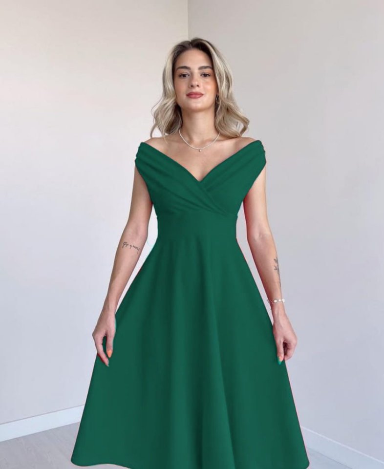 Mamo Yeşil Mini Kruvaze Krep Elbise - Mamo kadın butik elbise
