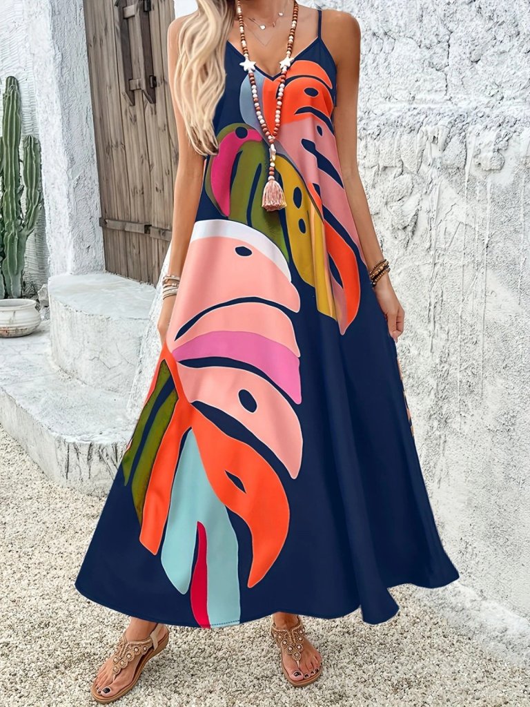 Mamo Lacivert Uzun Askılı V Yaka Elbise - Mamo kadın butik elbise