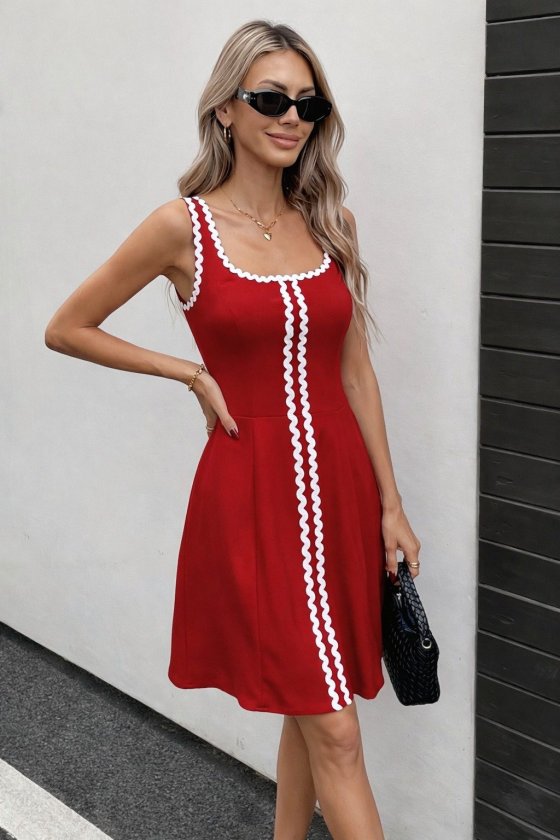 Mamo Kırmızı Mini Askılı Desenli Elbise - Mamo kadın butik elbise