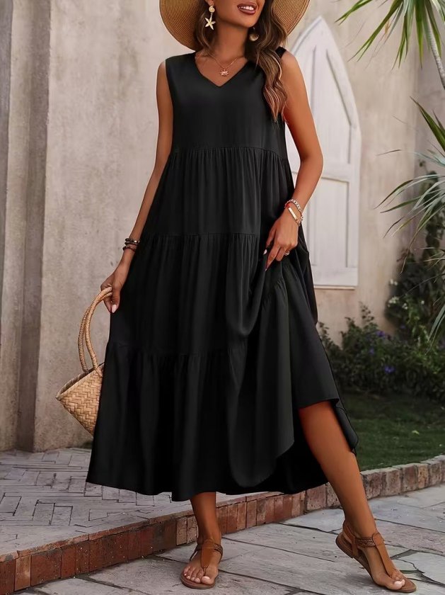 Mamo Siyah Uzun Askılı V Yaka Elbise - Mamo kadın butik elbise