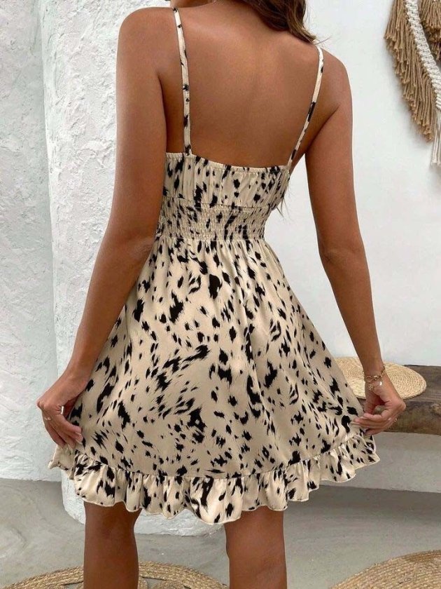 Mamo Leopar Mini Askılı Desenli Elbise - Mamo kadın butik elbise