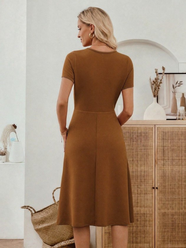 Mamo Kahve Mini Cepli Krep Elbise - Mamo kadın butik elbise