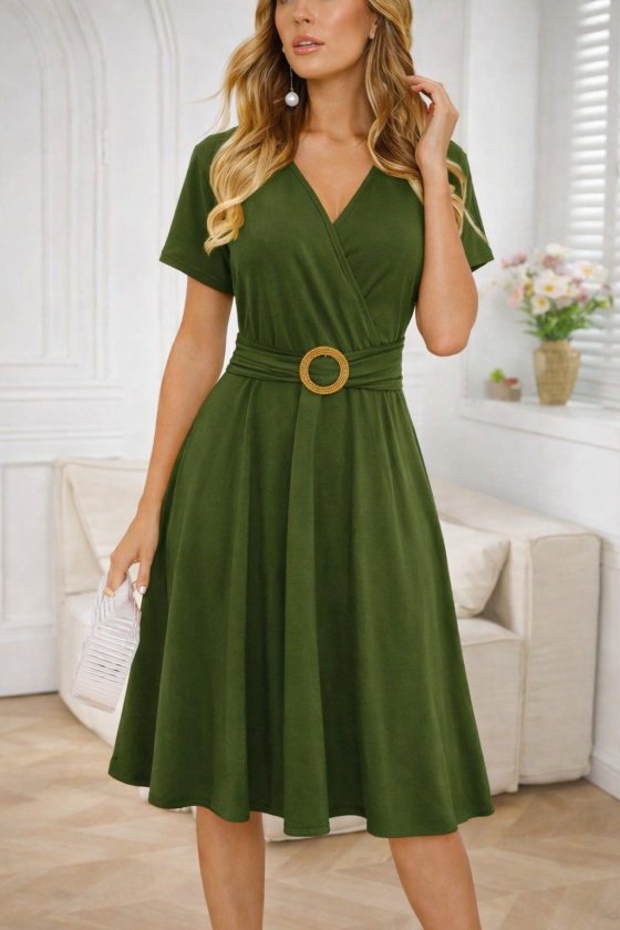 Mamo Haki Mini Kruvaze Viskon Elbise - Mamo kadın butik elbise