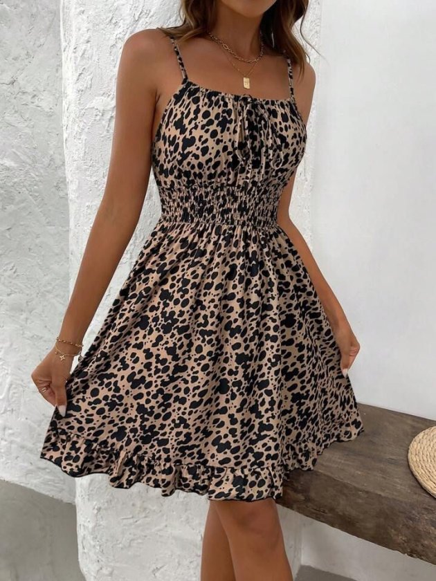 Mamo Leopar Mini Askılı Elbise - Mamo kadın butik elbise