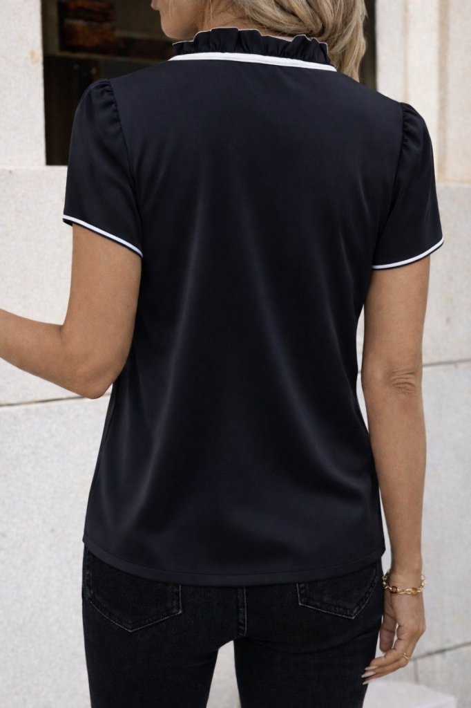 Mamo Siyah Fırfır Detaylı Krep Bluz - Mamo kadın butik bluz