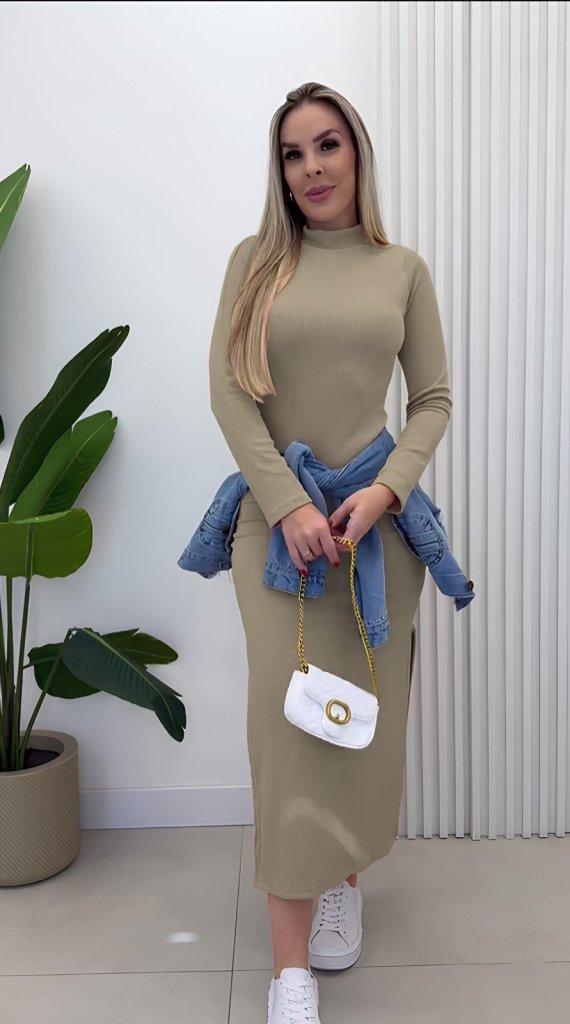 Mamo Bej Uzun Yırtmaç Detaylı Kaşkorse Elbise - Mamo kadın butik elbise