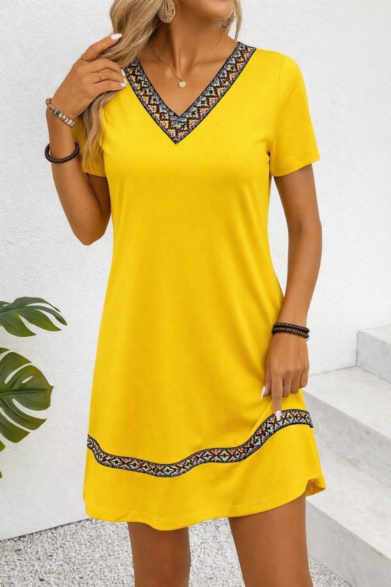 Mamo Sarı Mini V Yaka Desenli Elbise - Mamo kadın butik elbise