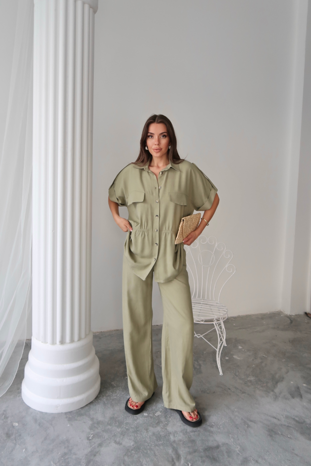 Mamo Yeşil Keten Takım - Mamo kadın butik takım