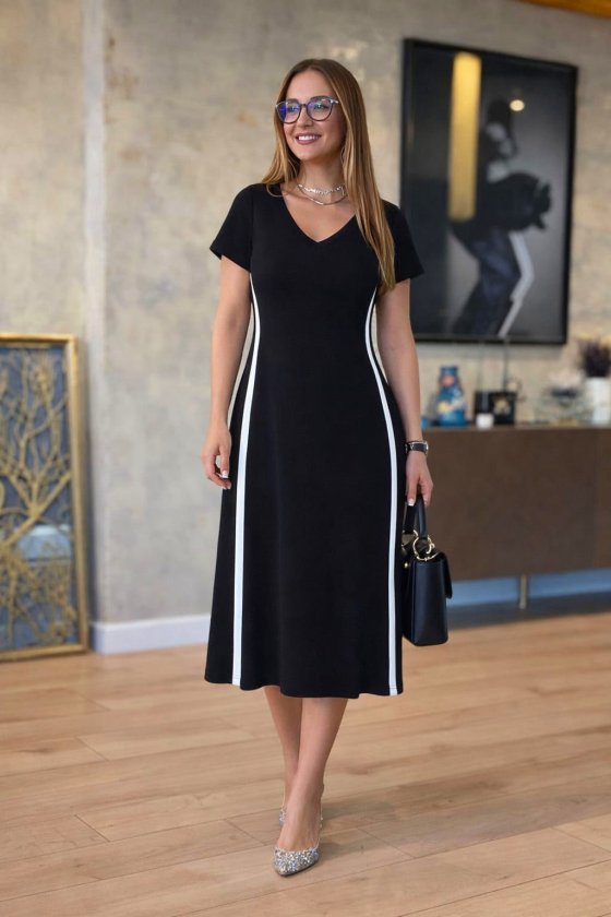 Mamo Siyah Mini V Yaka Viskon Elbise - Mamo kadın butik elbise