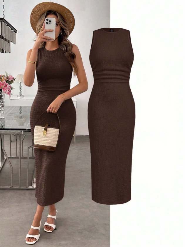 Mamo Kahve Uzun Askılı Elbise - Mamo kadın butik elbise