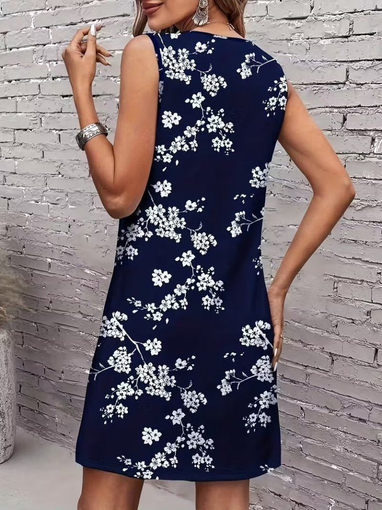 Mamo Lacivert Mini Askılı Desenli Elbise - Mamo kadın butik elbise