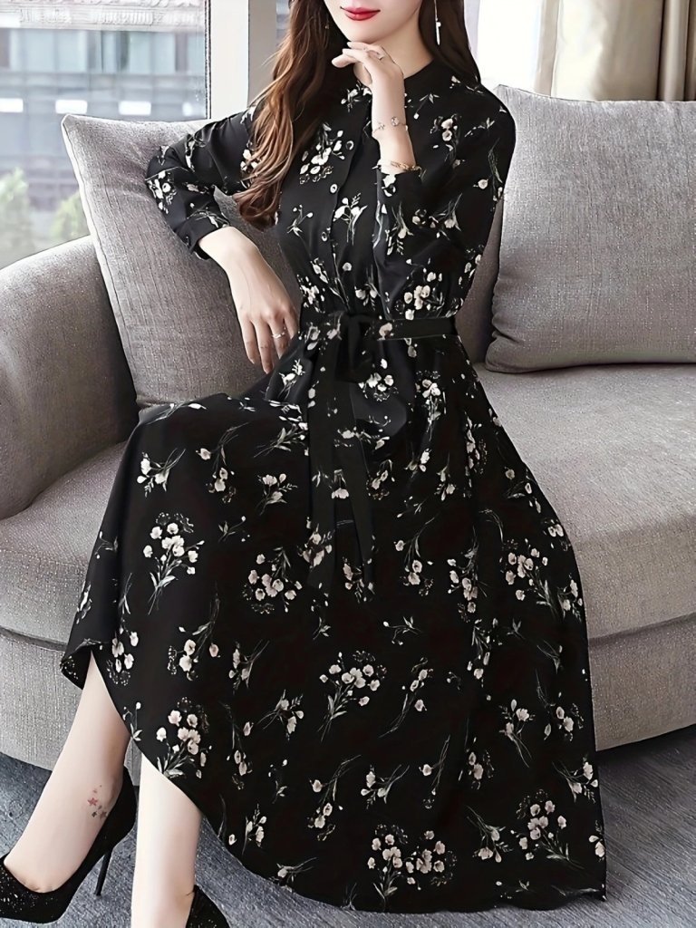Mamo Siyah Uzun Kuşaklı Elbise - Mamo kadın butik elbise