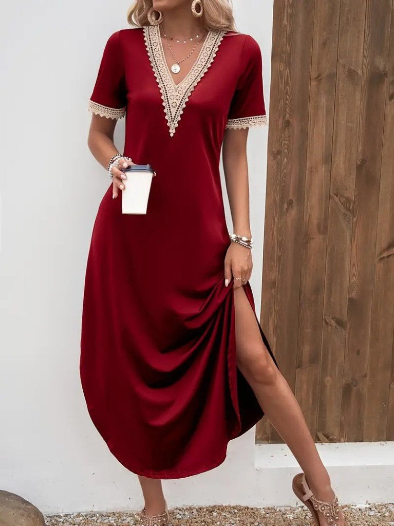 Mamo Bordo Mini V Yaka Dantel Detaylı Elbise - Mamo kadın butik elbise